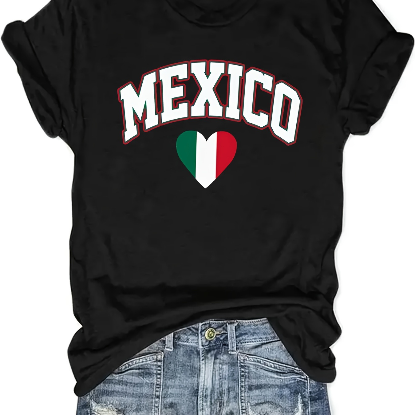 

Women's Casual Round Neck Short Sleeve T-shirt With "mexico" Heart Print, Stretch Polyester, Regular Fit, All-season Fashion Top