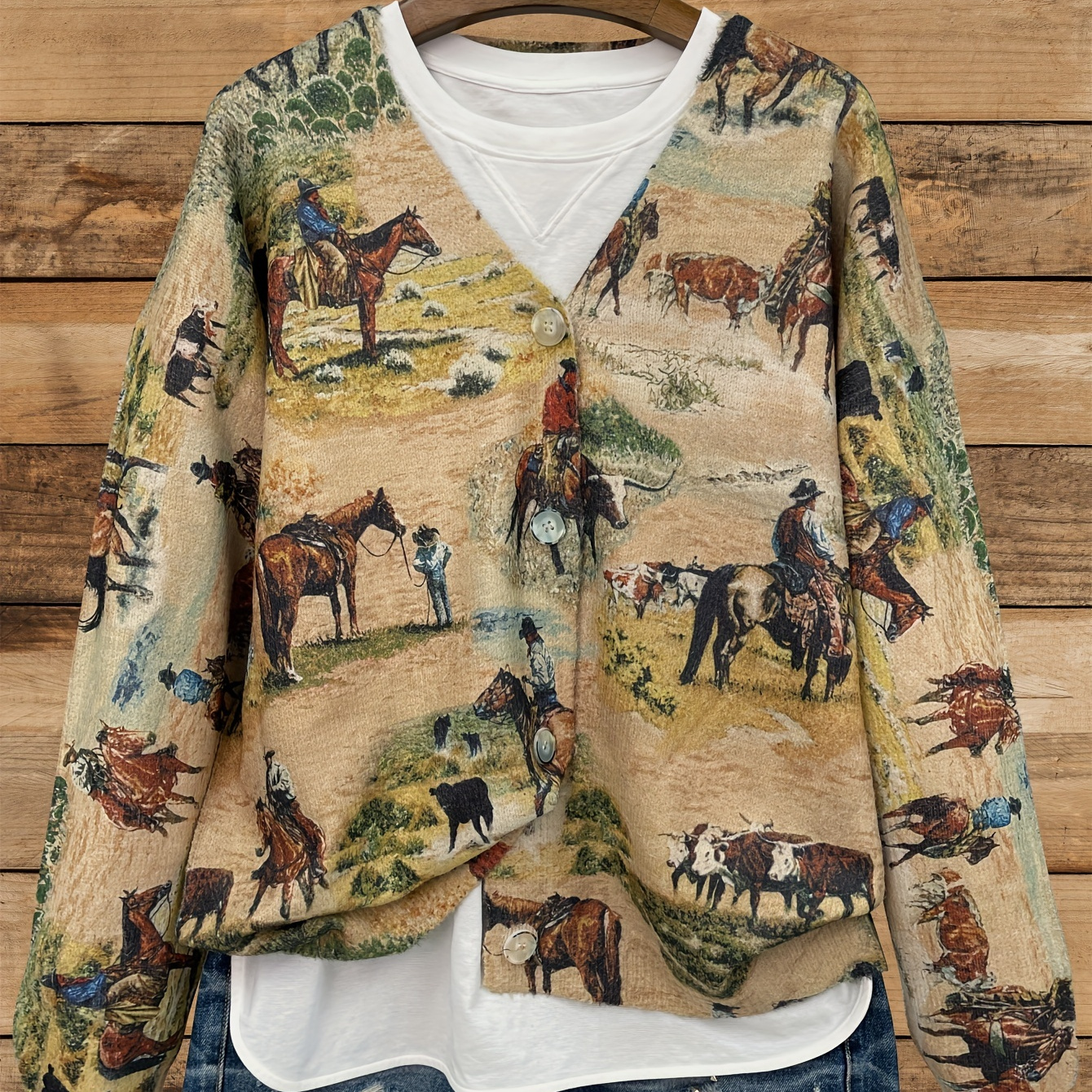 

Women's Casual Horse Riding Pattern Cardigan - Oversized Knit Sweater With V-neck, Long Sleeve, Button Detail, Polyester 60% Spandex 40% - Print Fall/winter Clothing