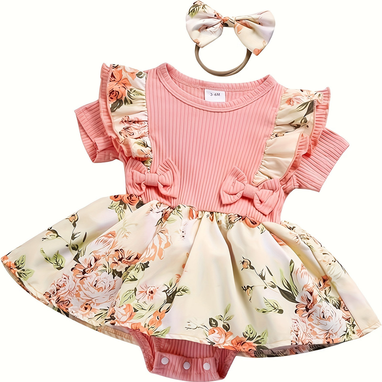 

Baby Girl Clothes Newborn Girl Floral Ruffle Ribbed Romper With Headband Infant Girl Summer Outfit Sets