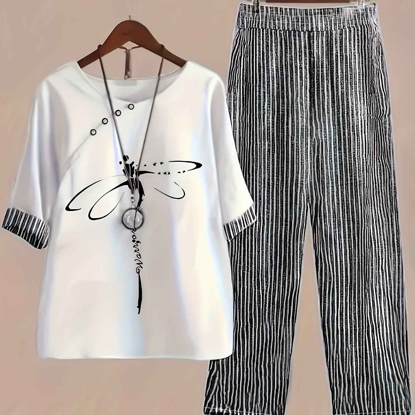 

Ys122655 Women's Casual Spring And Summer Vertical Striped Shirt And Pants Outfit, Dragonfly Pattern Set, Two-piece Women's Clothing.