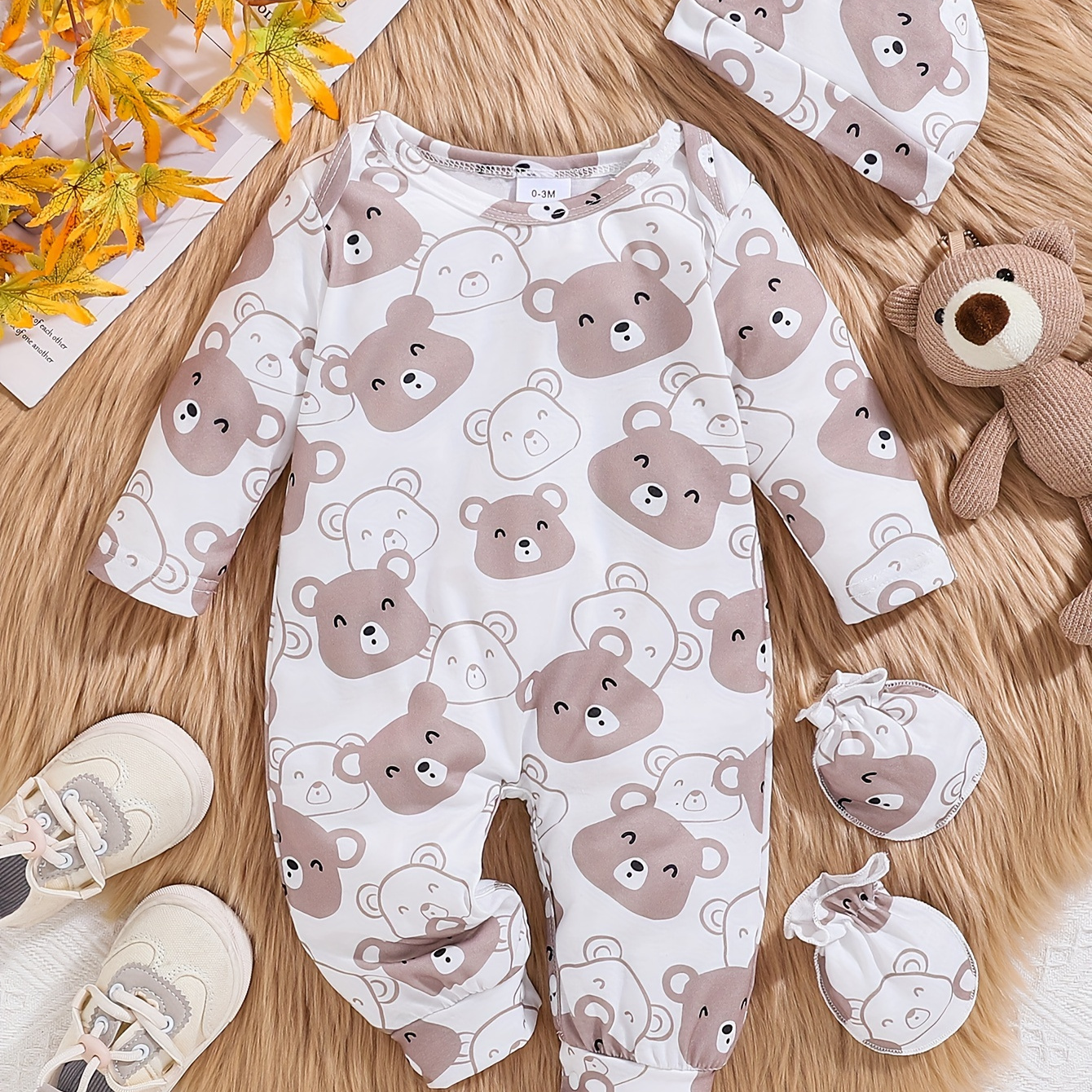 

Adorable Baby Boy Bear Print Onesie Set With Gloves And Hat - Spring/summer/ - Polyester And Spandex Blend - Regular Fit - Knit Fabric