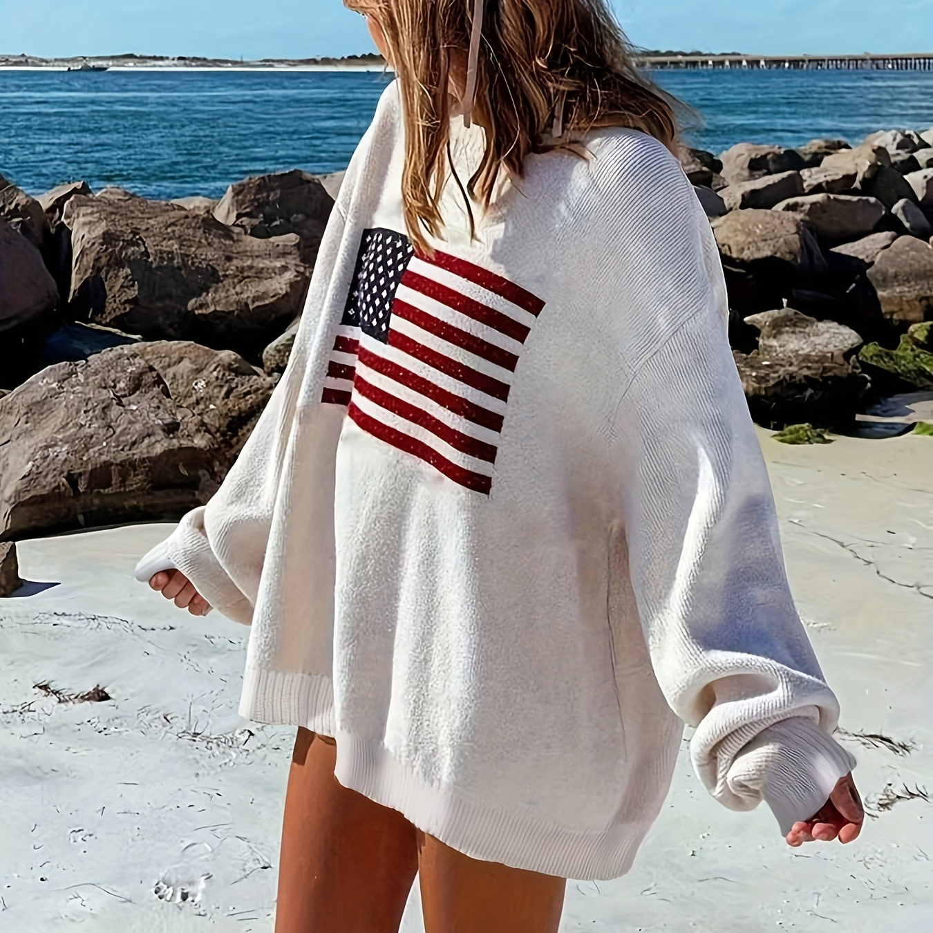 

Flag Pattern Ribbed Trim Sweater, Casual Crew Neck Long Sleeve Pullover Sweater For Winter & Fall, Women's Clothing