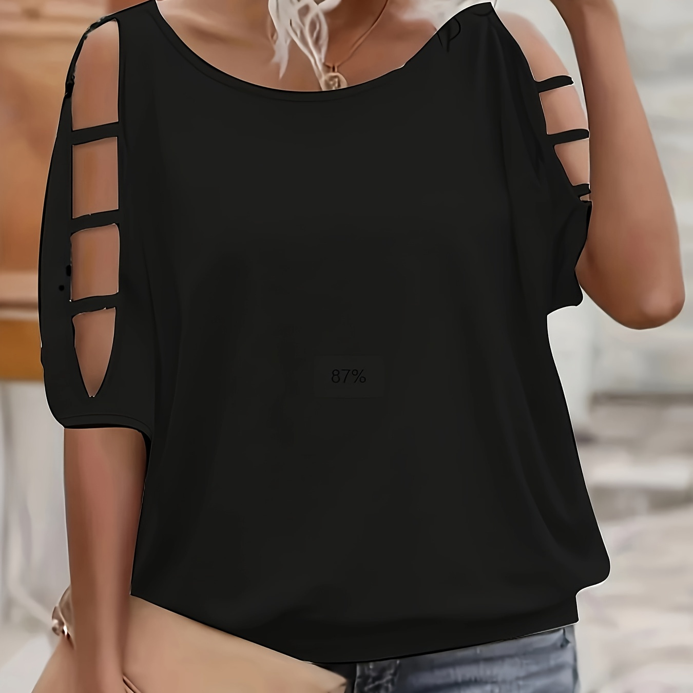 

Women's Casual Solid Color Round Neck T-shirt, Hollow Out Short Sleeve Top, Comfortable Fashion Tee