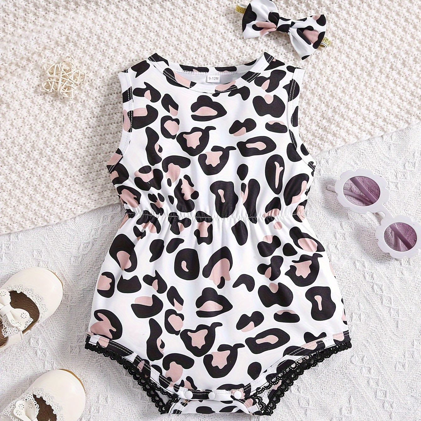 

Infant's Trendy Leopard Pattern Bodysuit, Casual Lace Trim Sleeveless Triangle Onesie, Baby Girl's Clothing