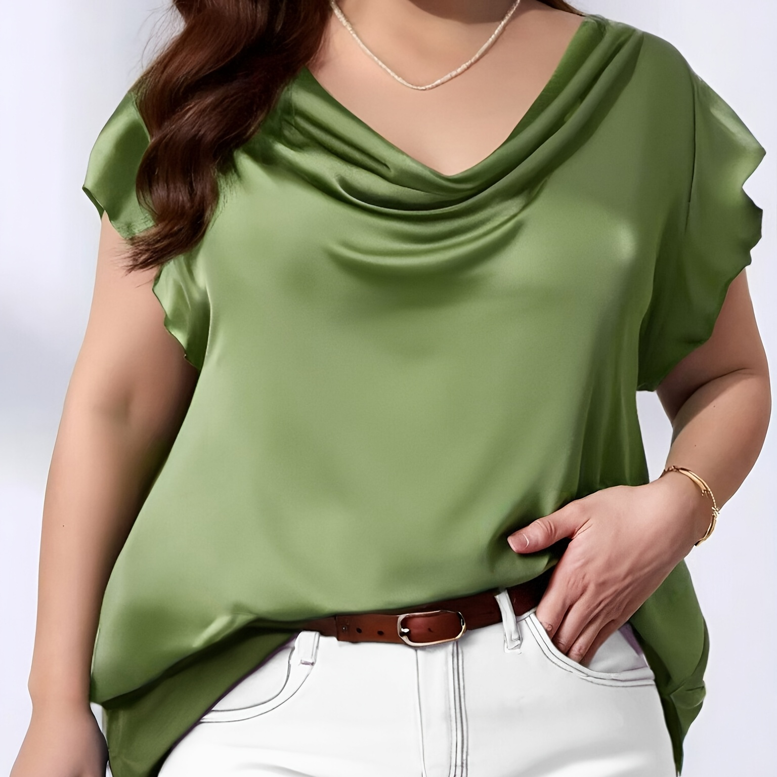 

Size Women's Satin Blouse - Slimming Cowl Neck With Sleeves, Green Solid Color, Lightweight Polyester For Spring/summer