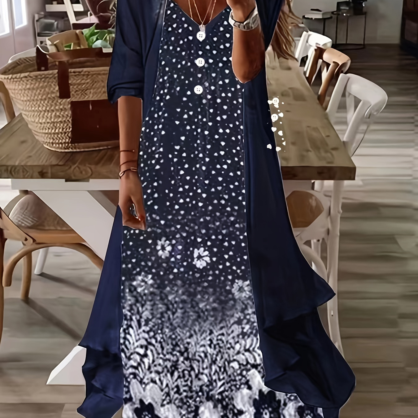 

Plus Size Casual Outfits 2 Piece Set, Women's Plus Floral Print Round Neck Maxi Tank Dress & Cardigan Outfits 2 Piece Set