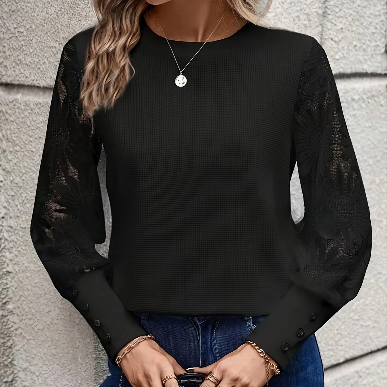 

Floral Mesh Crew Neck Top, Elegant Solid Color Crew Neck Long Sleeve Top For Spring & Fall, Women's Clothing