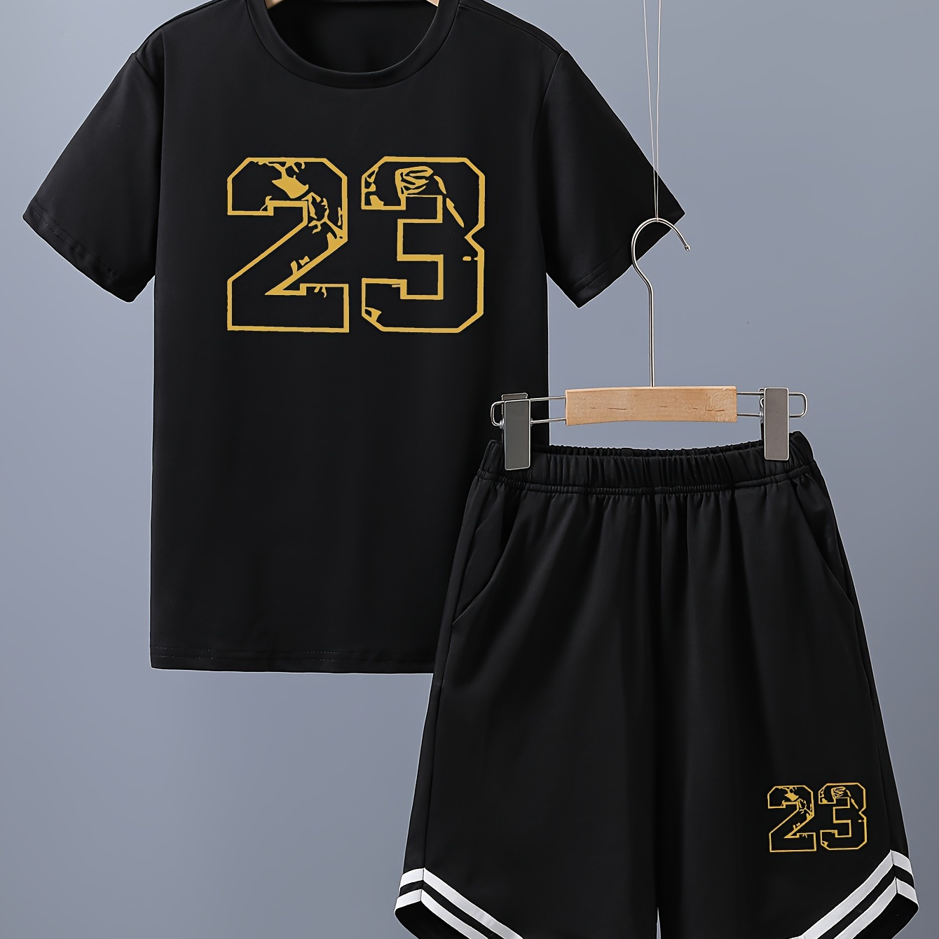 

2pcs, Boys Crew Neck Short Sleeve T-shirt With Number 23 Print & Elastic Shorts With Pockets Set, Casual And Comfy Clothing For Summer, Boys Sports Outfit