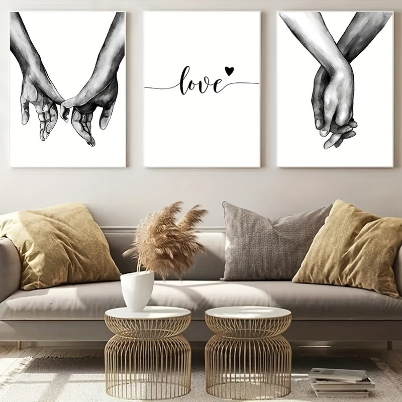 

3pcs Romantic Hand In Hand Canvas Painting - Love Quotes Wall Art Poster Print For Couples - Fashionable Room Decor (no Frame)