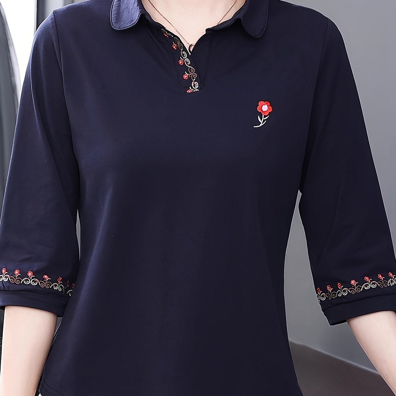 

Embroidered -sleeve Loose T-shirt For Women 2024 Spring And Autumn Clothes Fashionable Collared Top For Middle-aged And Elderly