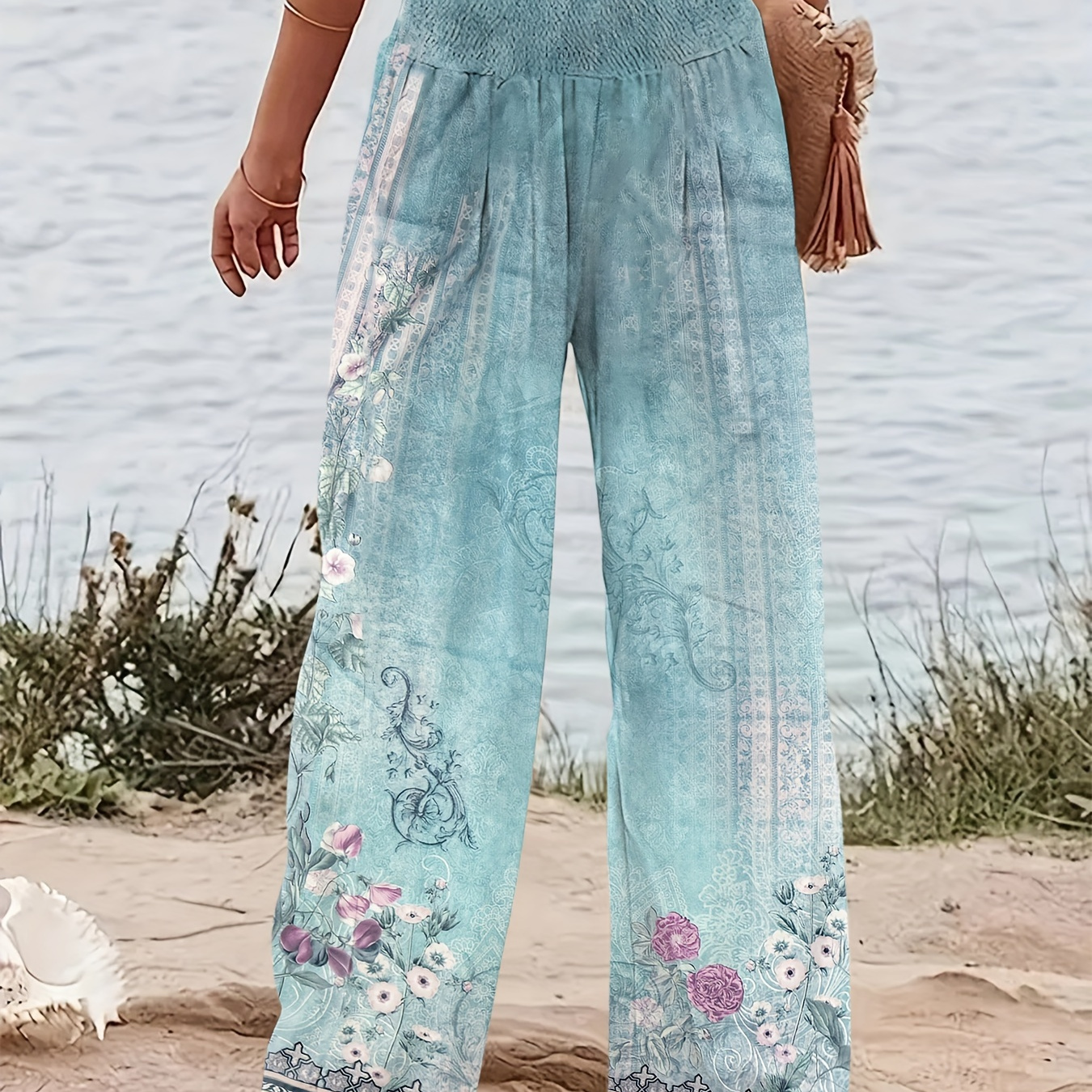 

Floral Print Wide Leg Pants, Casual Shirred Elastic Waist Pants For Spring & Summer, Women's Clothing