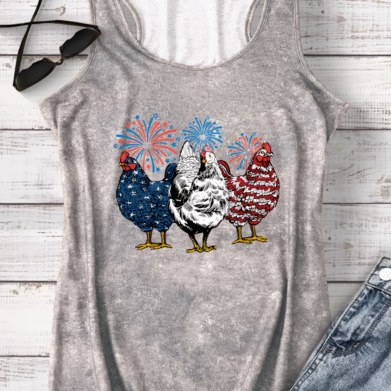 

Chicken & Fireworks Print Tank Top, Sleeveless Casual Top For Summer & Spring, Women's Clothing
