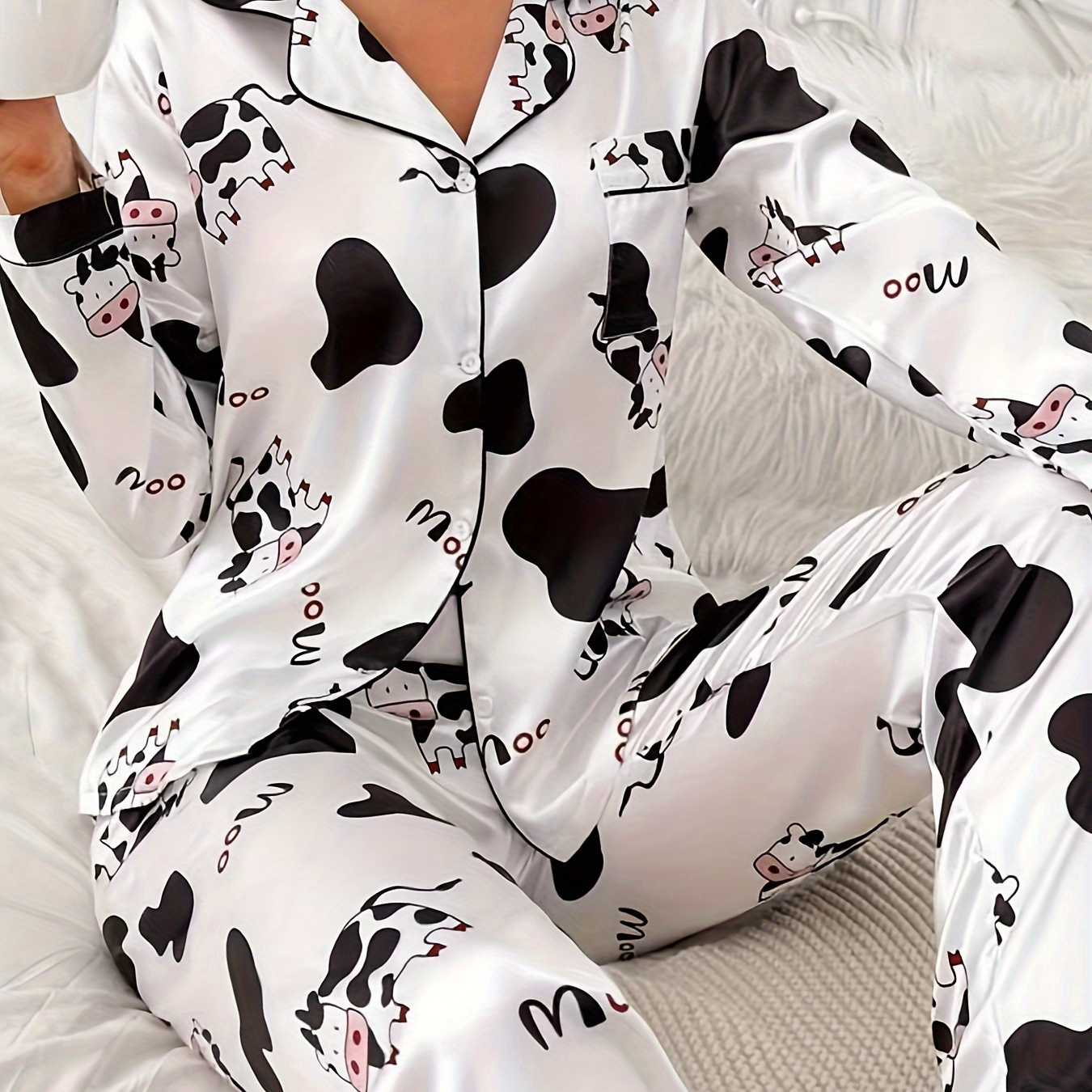 

Adult Cartoon Cow Print Pajama Set - Casual Polyester Woven Long Sleeve Pants Suit With Reversible Collar For Fall Season