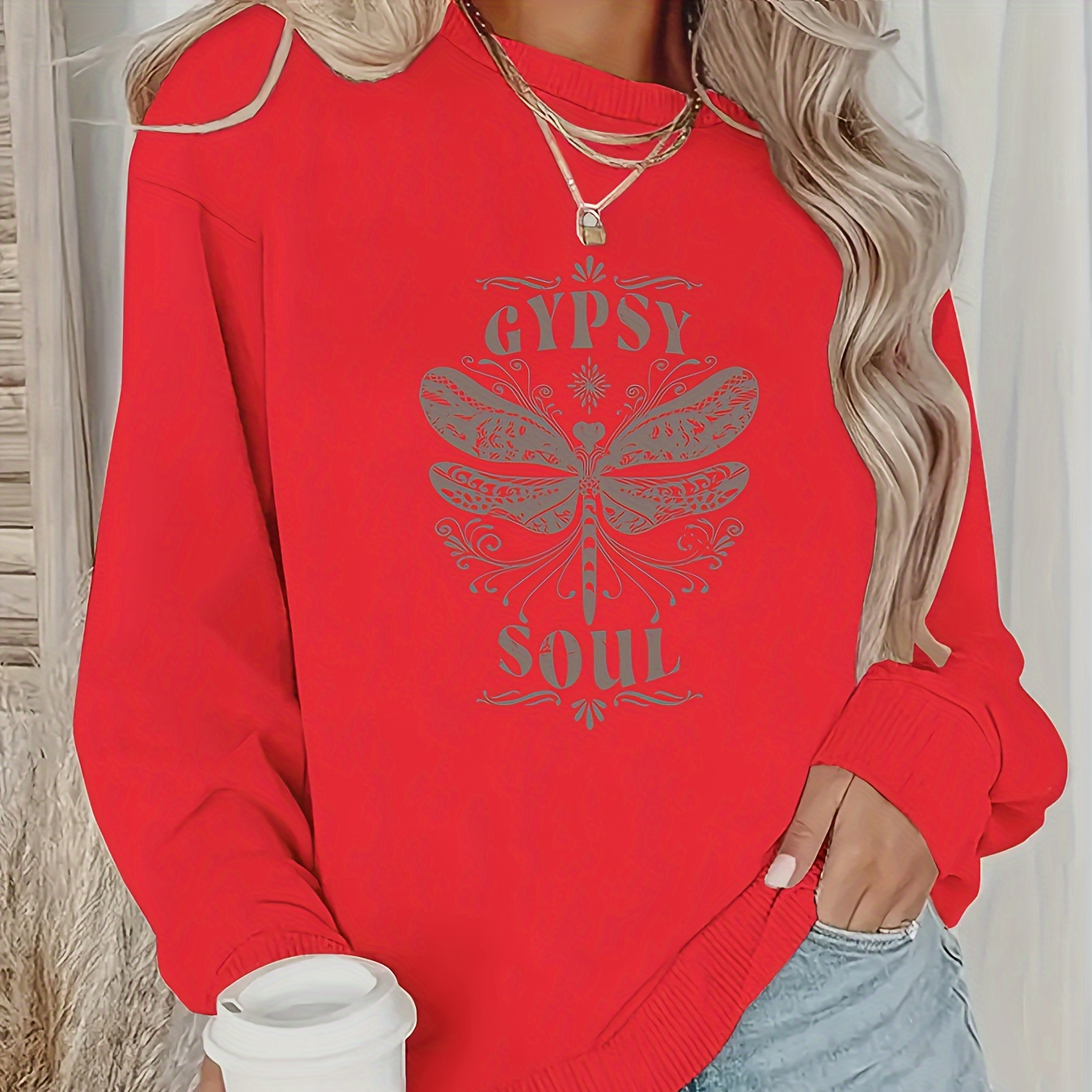 

Women's Casual Letter Neck Sweatshirt - 100% Polyester Knit Fabric Long Sleeve Pullover For Fall/winter - Fit With ' Soul' Graphic