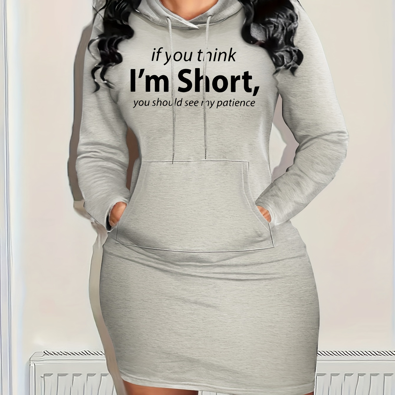 

Women's Casual Hooded Dress - " For I'm Short" Humorous Print, Drawstring Sweatshirt Style, Long Sleeve, Knee-length, Machine Washable, Polyester - Spring & Fall