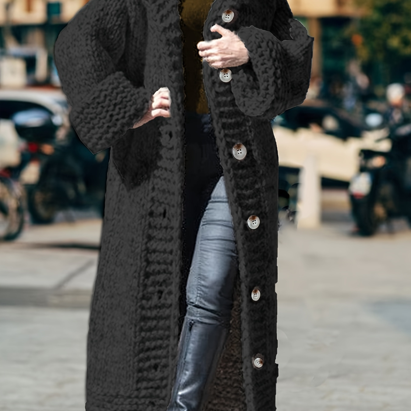 

Chunky Knit Hooded Cardigan Sweater With Buttons - Casual Solid Color Polyester Winter Coat For Women