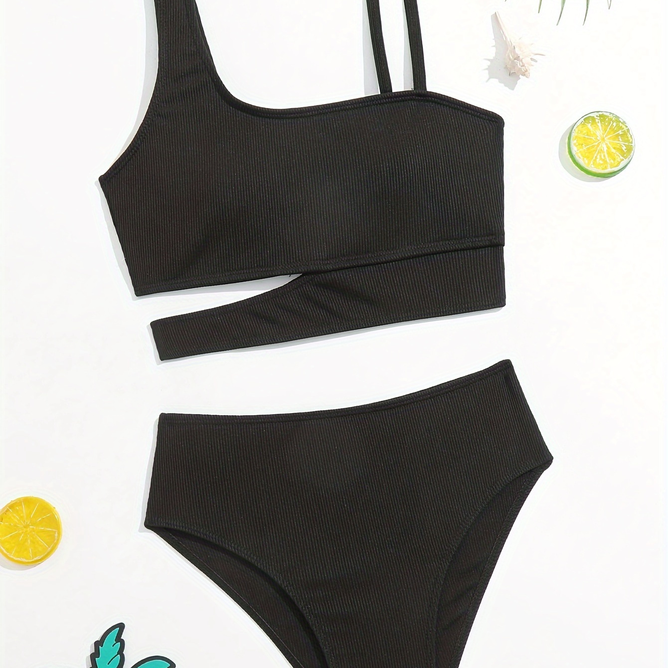 

2-piece Swimsuit Girl's Asymmetrical Shoulder Bikini Top + Bottom Swimwear, Pool Holiday Beach Swimming Bathing Suits