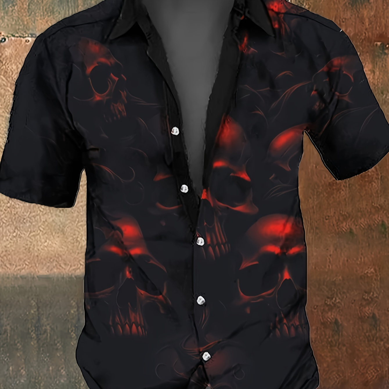 

Men's Halloween Skull Shirt - Black With Red , Short Sleeve, Button-up, Lightweight Polyester, Ideal For Parties & Casual Attire