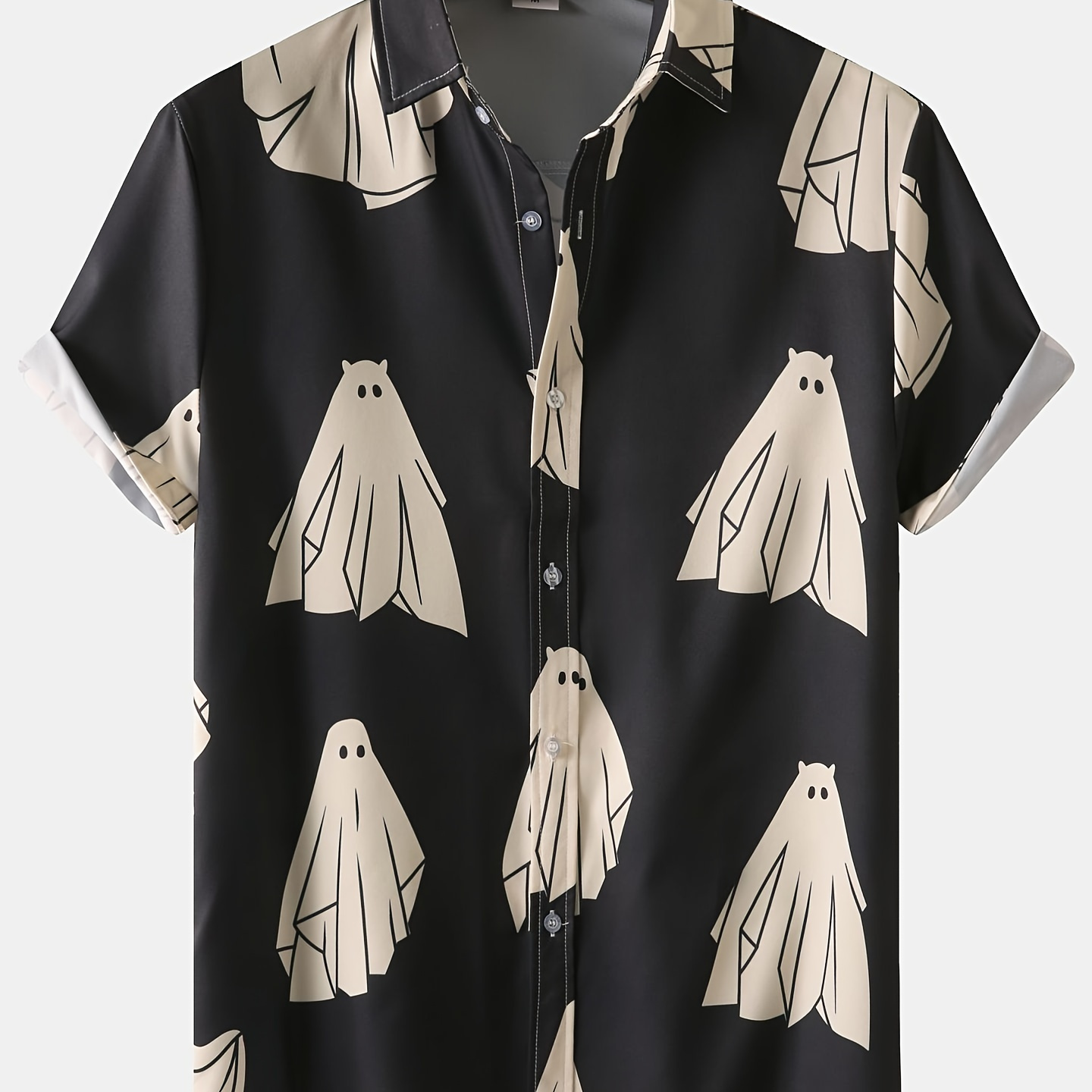 

Creative Cartoon Ghost Print Men's Short Sleeve Lapel Shirt, Men's Thin Beach Shirt, Spring Summer, Halloween Gift