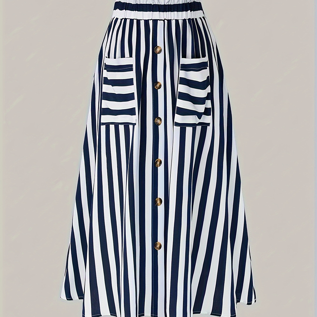 

Striped Button Front Loose Skirt, Elegant Pocket Patched Skirt For Spring & Summer, Women's Clothing
