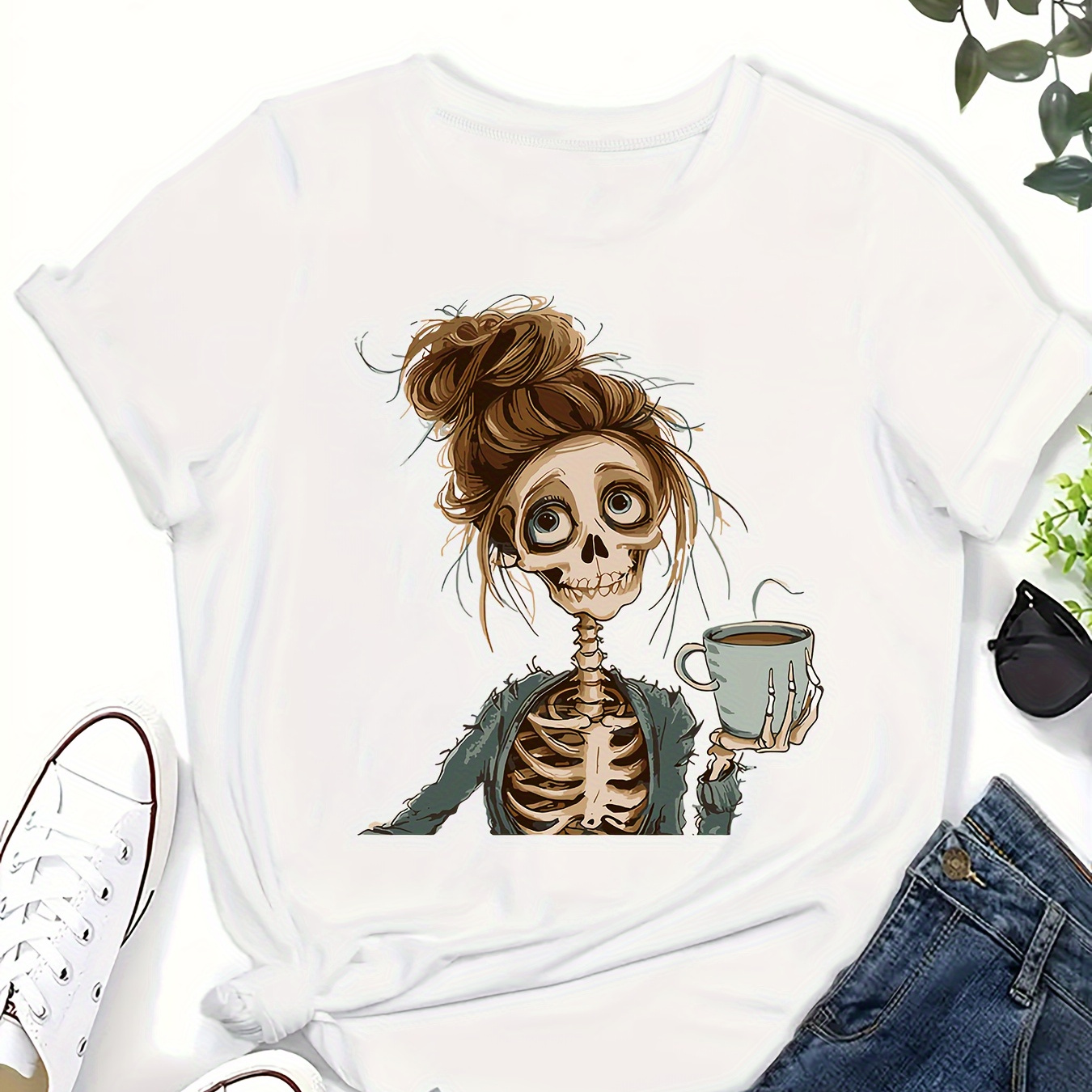 

Plus Size Casual Crew Neck T-shirt With Skeleton And Coffee Cup Graphic, 100% Polyester Stretch Knit Fabric, Casual Summer Women' With Drawing Pattern