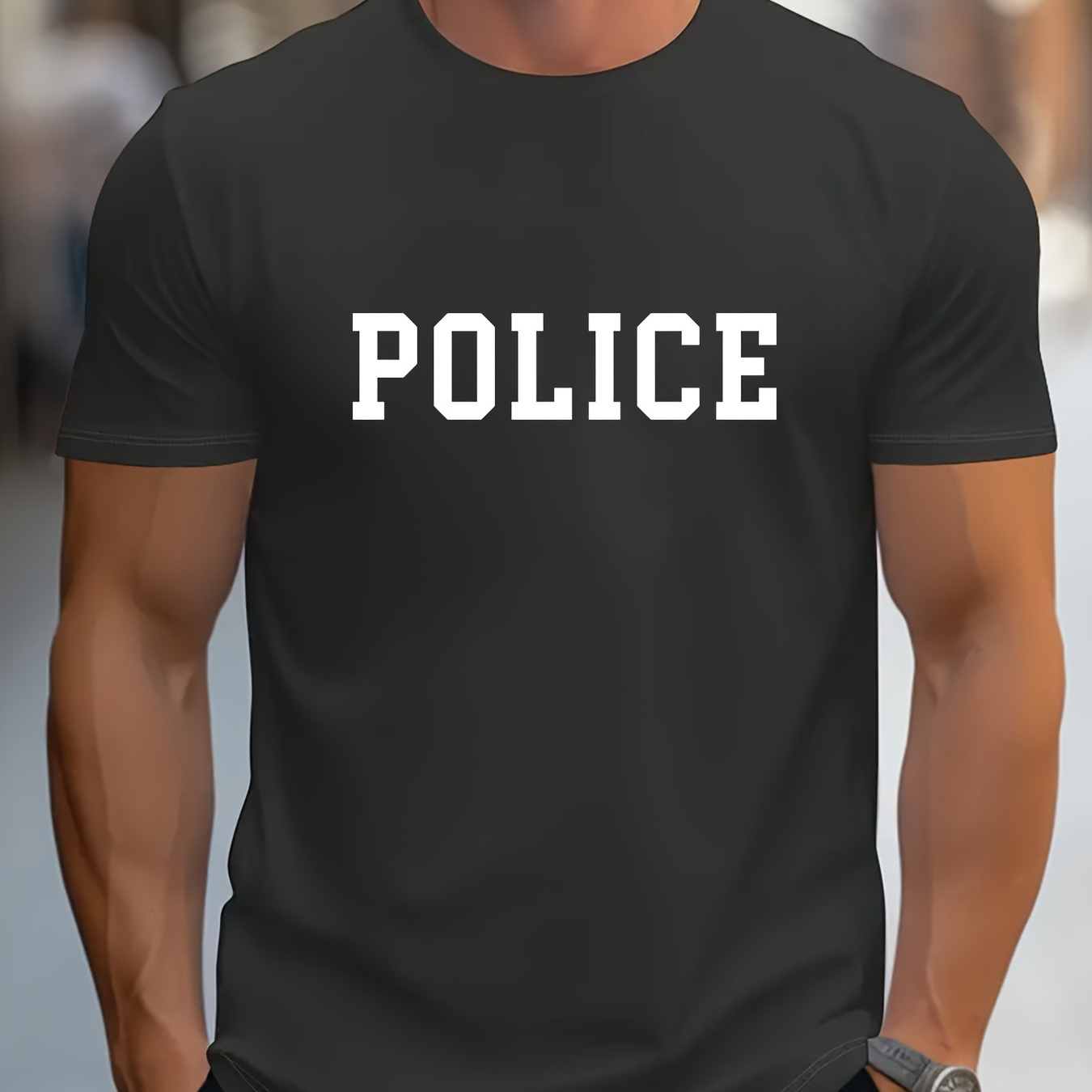 

Police Letter Graphic Print Men's Creative Top, Casual Short Sleeve Crew Neck T-shirt, Men's Clothing For Summer Outdoor