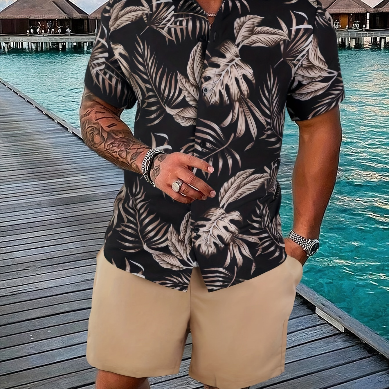 

Men's Tropical Floral Graphic Pattern Print Lapel Shirt With Short Sleeve And Button Down Placket, Casual And Chic Tops For Summer Leisurewear And Vacation