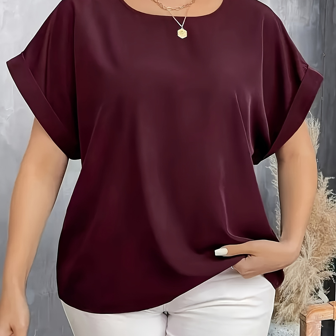 

Size Satin Top For Women, Polyester 95% Spandex 5% , Solid Color Crew Neck Short Sleeve Batwing Pullover, Non-stretch Woven Shirt For Spring/summer, Regular Fit Blouse