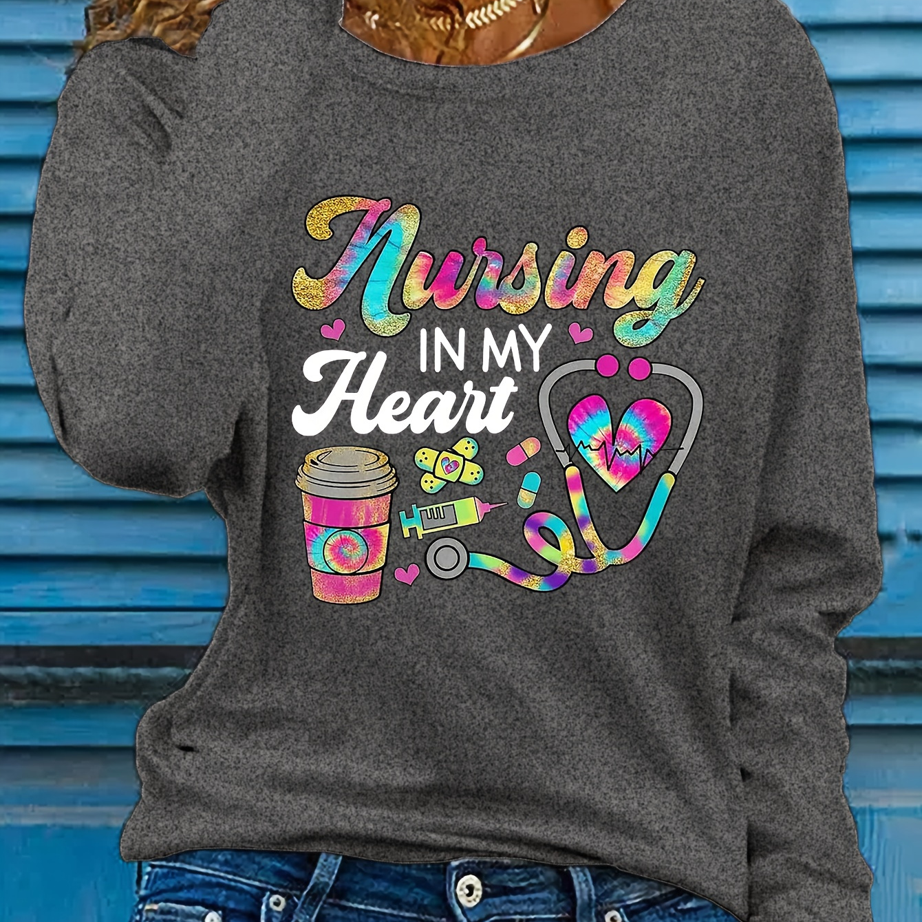 

Women's Casual Crew Neck Long Sleeve T-shirt With "nursing In My Heart" Graphic Applique, 100% Polyester Knit Fabric For Fall Season