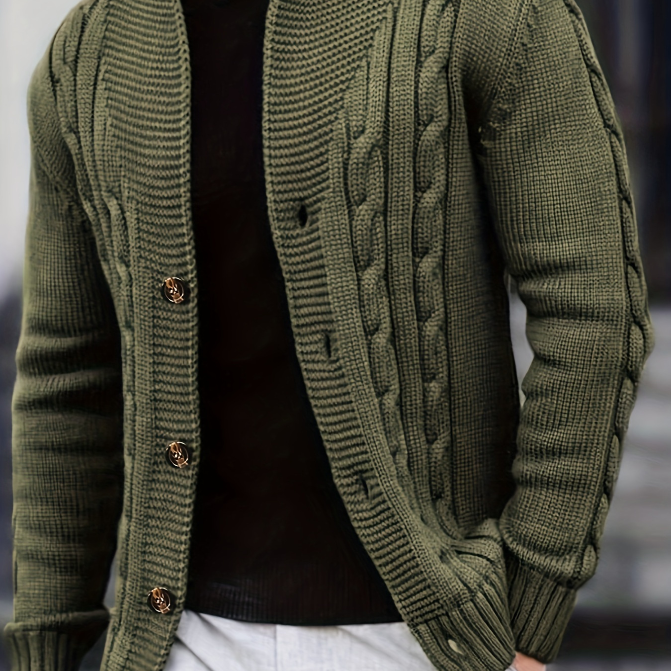 

Men's Solid Rib Knit Long Sleeve Button Up Cardigan, Chic And Trendy Comfy Tops For Autumn And Winter Outdoors Leisurewear