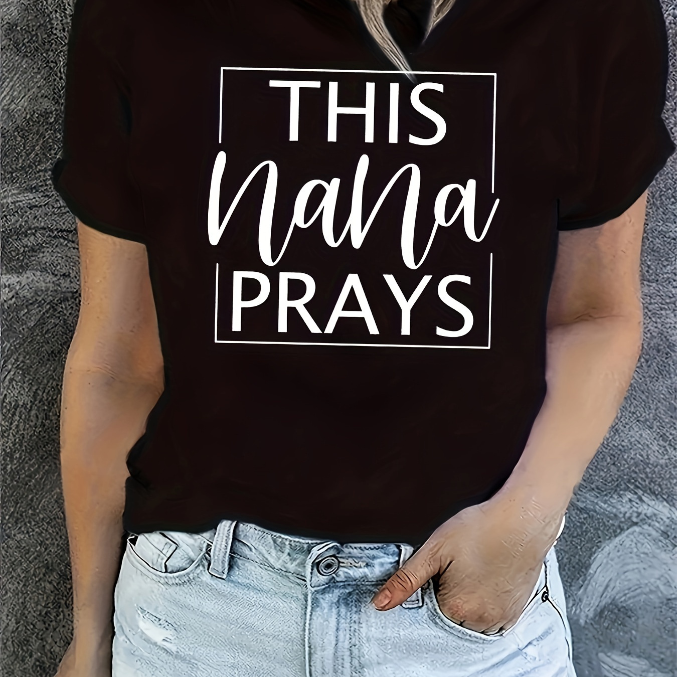 

This Nana Prays Print T-shirt, Casual Crew Neck Short Sleeve Top For Spring & Summer, Women's Clothing