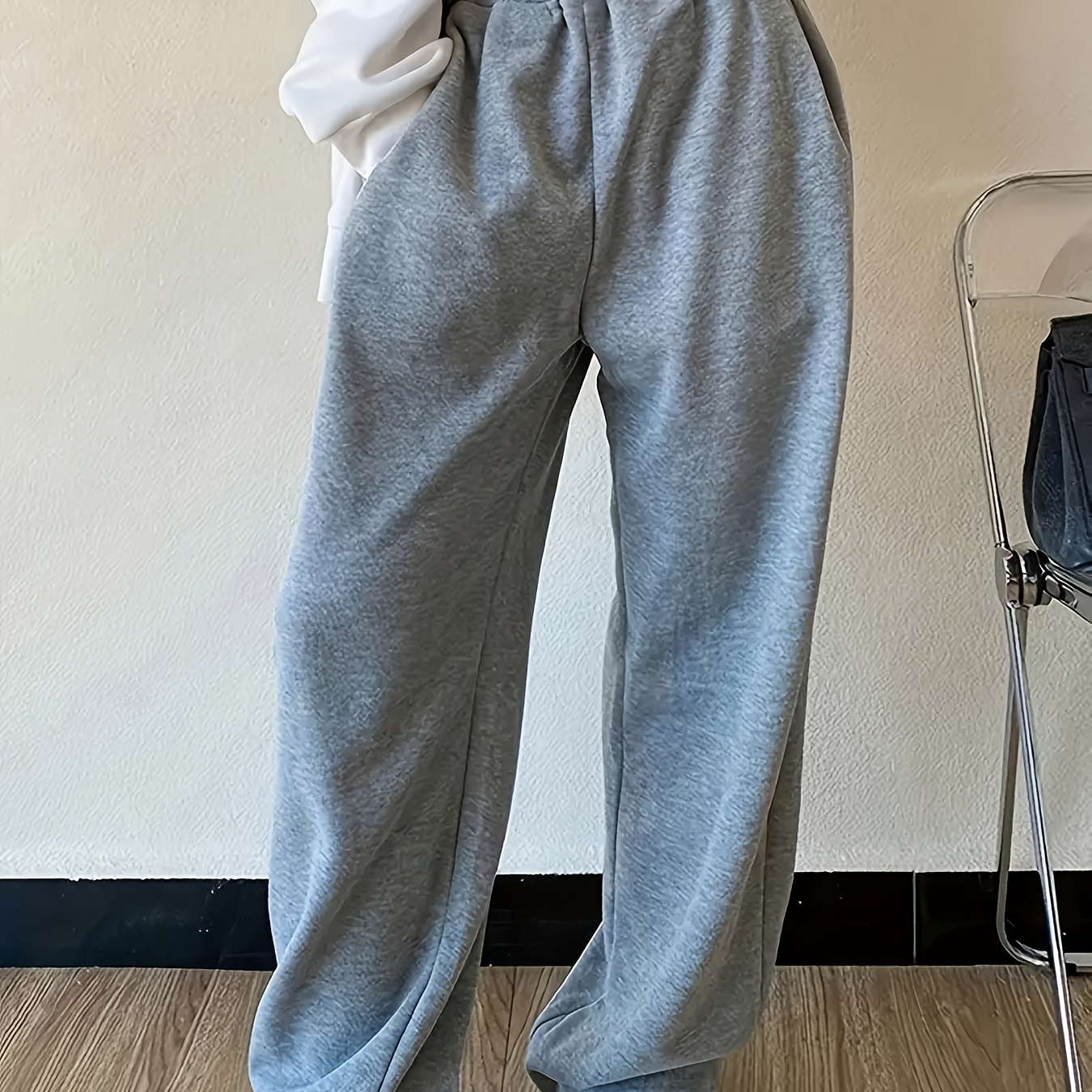 

Women's High-waisted Fleece-lined Wide Leg Pants, Casual Waist Sweatpants, Loose Trousers, Solid Color Knit Fabric, 240g/m², Fall/winter Essential, Polyester 100%