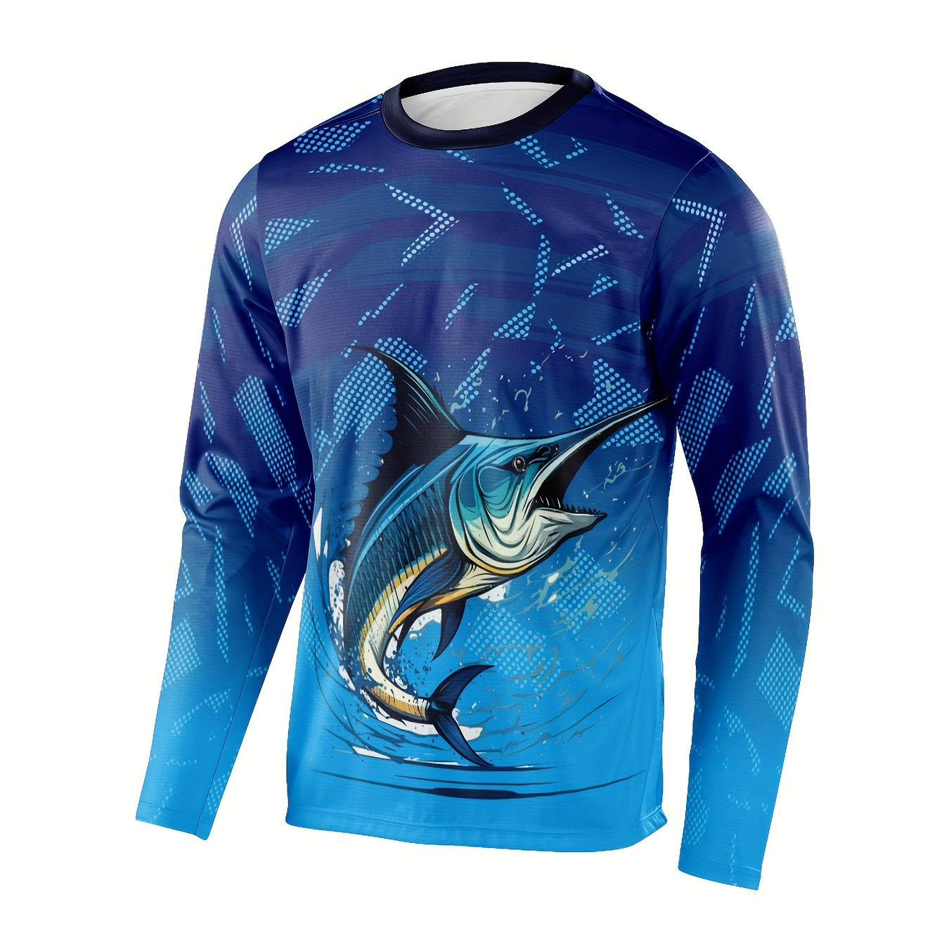 

Men's Gradient Color Fish Print Sun Protection Shirt, Active Long Sleeve Crew Neck Rash Guard For Fishing Hiking Outdoor