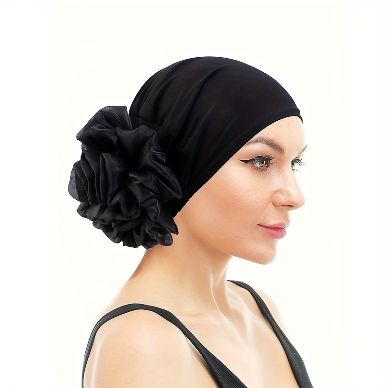 

Big Flower Elastic Turban Black Beanie Head Scarf Wrap Chemo Cap Hat Women Casual Hair Bonnets
