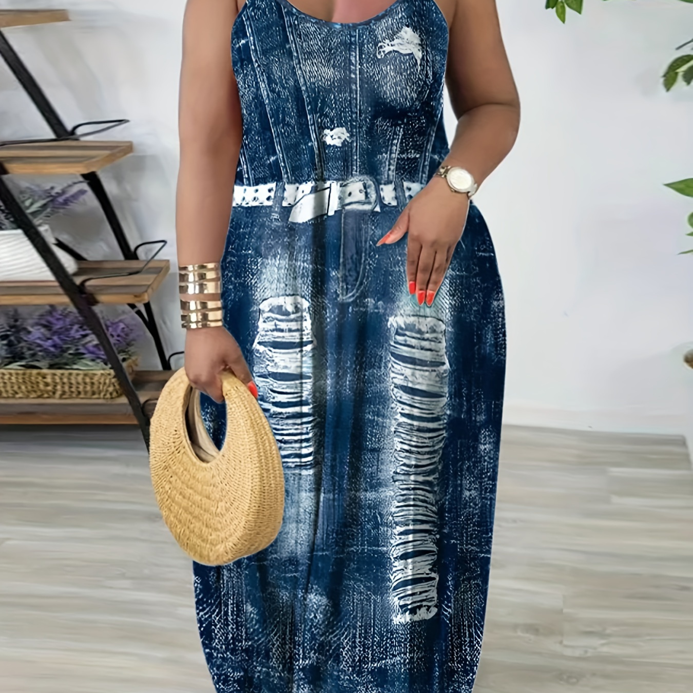 

Plus Size Allover Print Slip Dress, Casual Sleeveless Crew Neck Dress For Spring & Summer, Women's Plus Size clothing