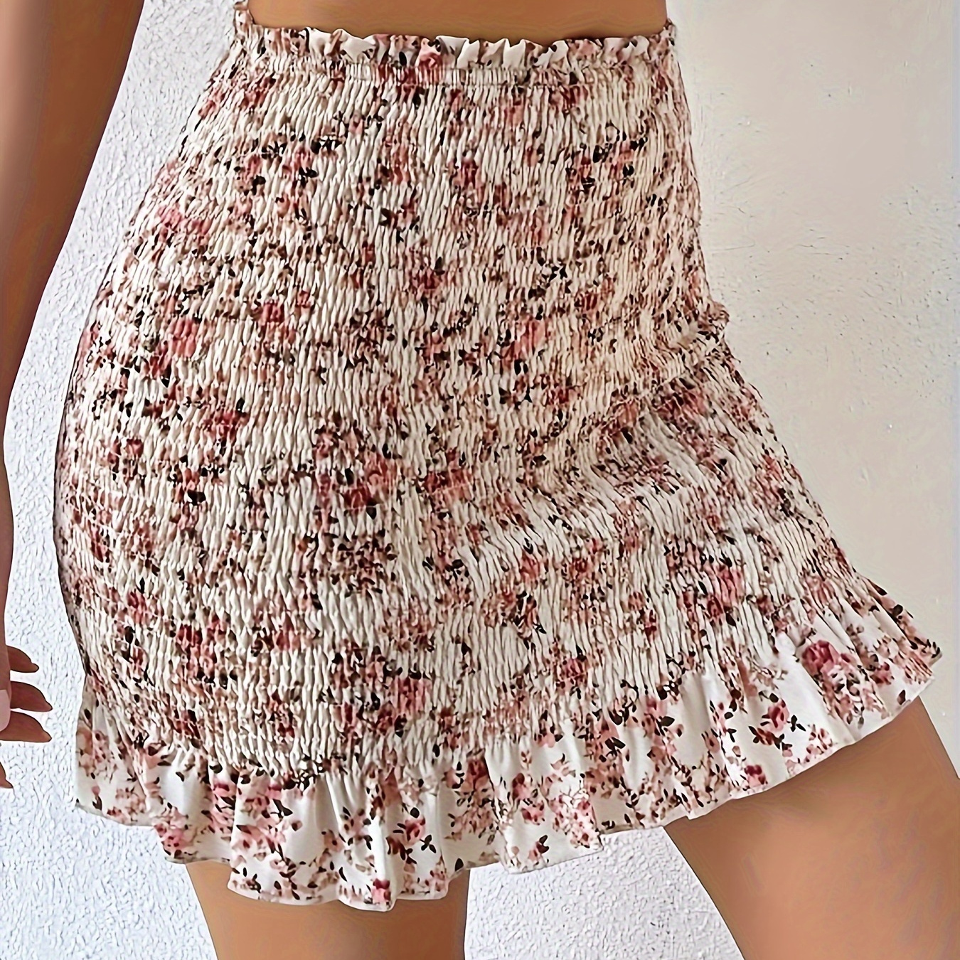 

Floral Print Ruffle Hem Shirred Skirt, Casual High Waist Slim Mini Skirt For Spring & Summer, Women's Clothing