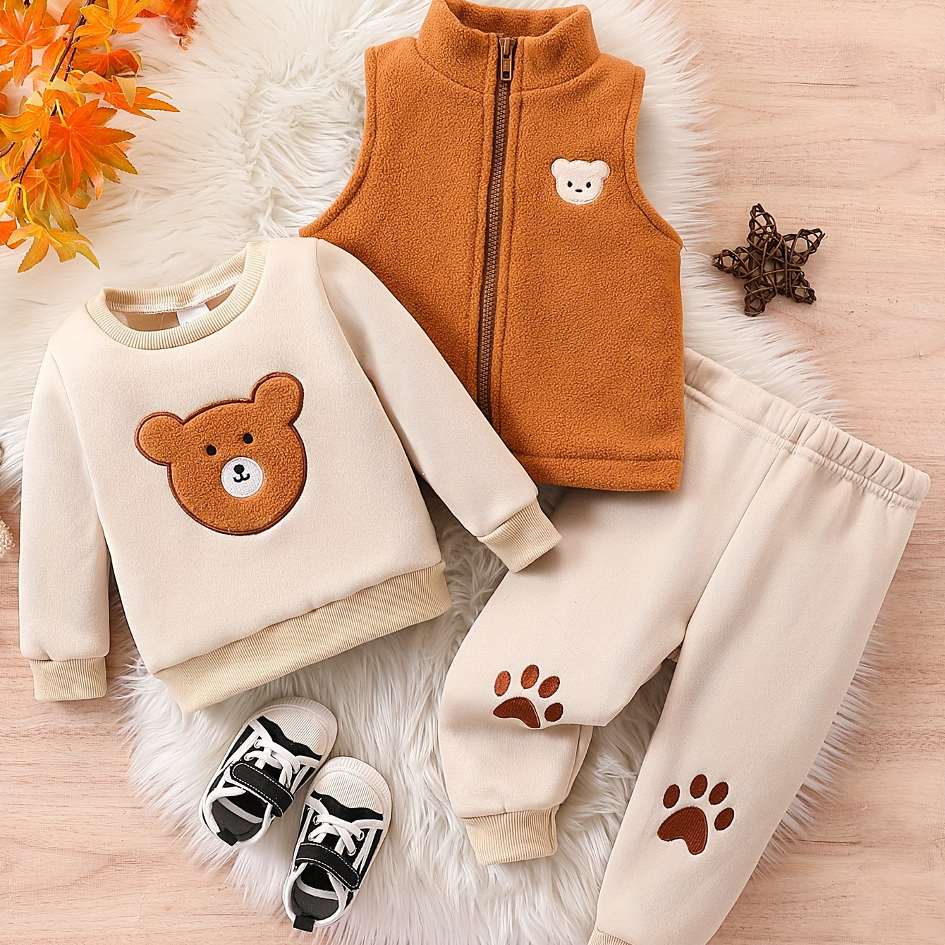 

3- Set, / Embroidered Bear , Round Long Sleeve Sweatshirt, Pants - Polyester , Pattern, Regular Fit, Sleeveless , No , Toddler Clothing, For