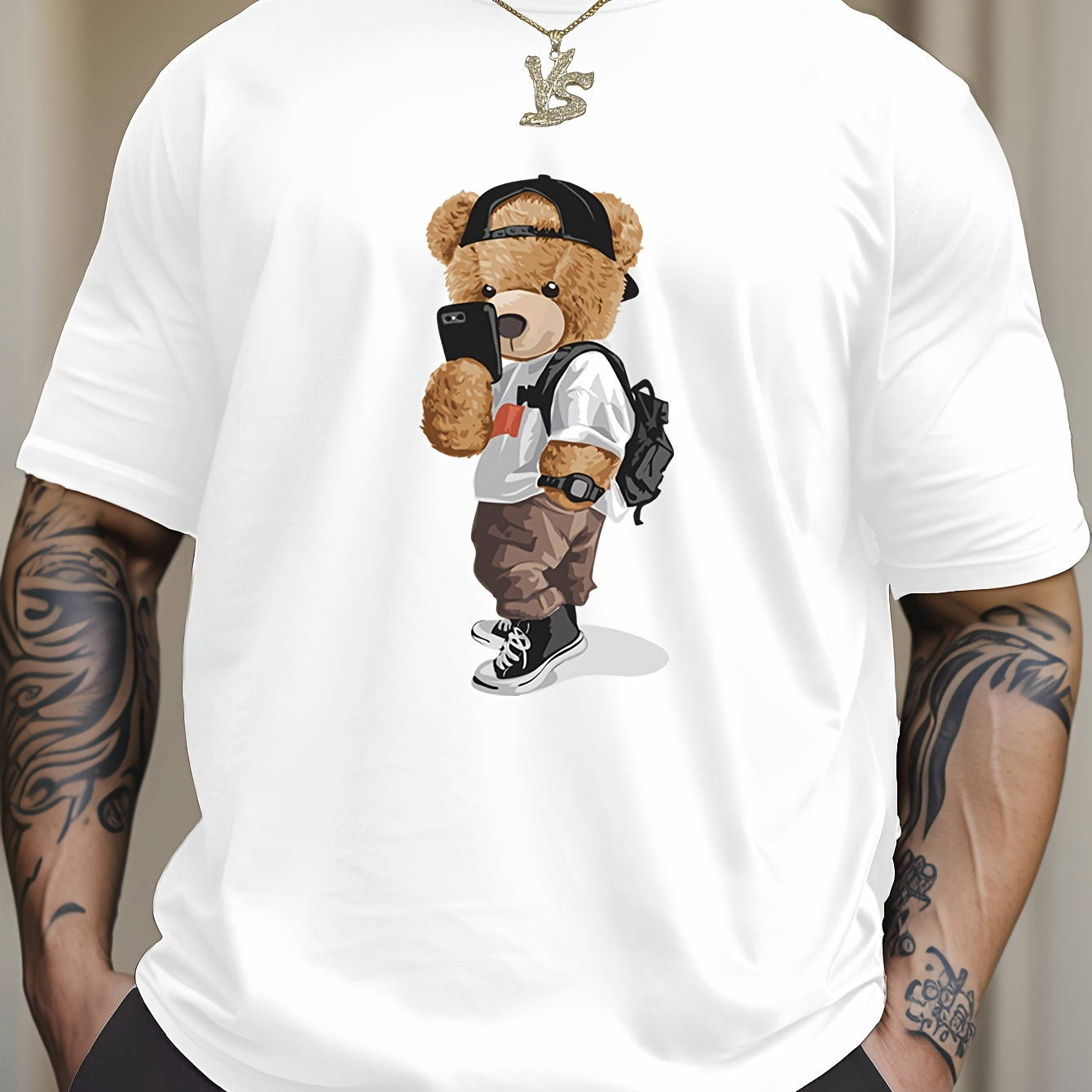 

Cartoon Teddy Bear Print, Men's Graphic Design Crew Neck T-shirt, Casual Comfy Tees Tshirts For Summer, Men's Clothing Tops For Daily Vacation Resorts