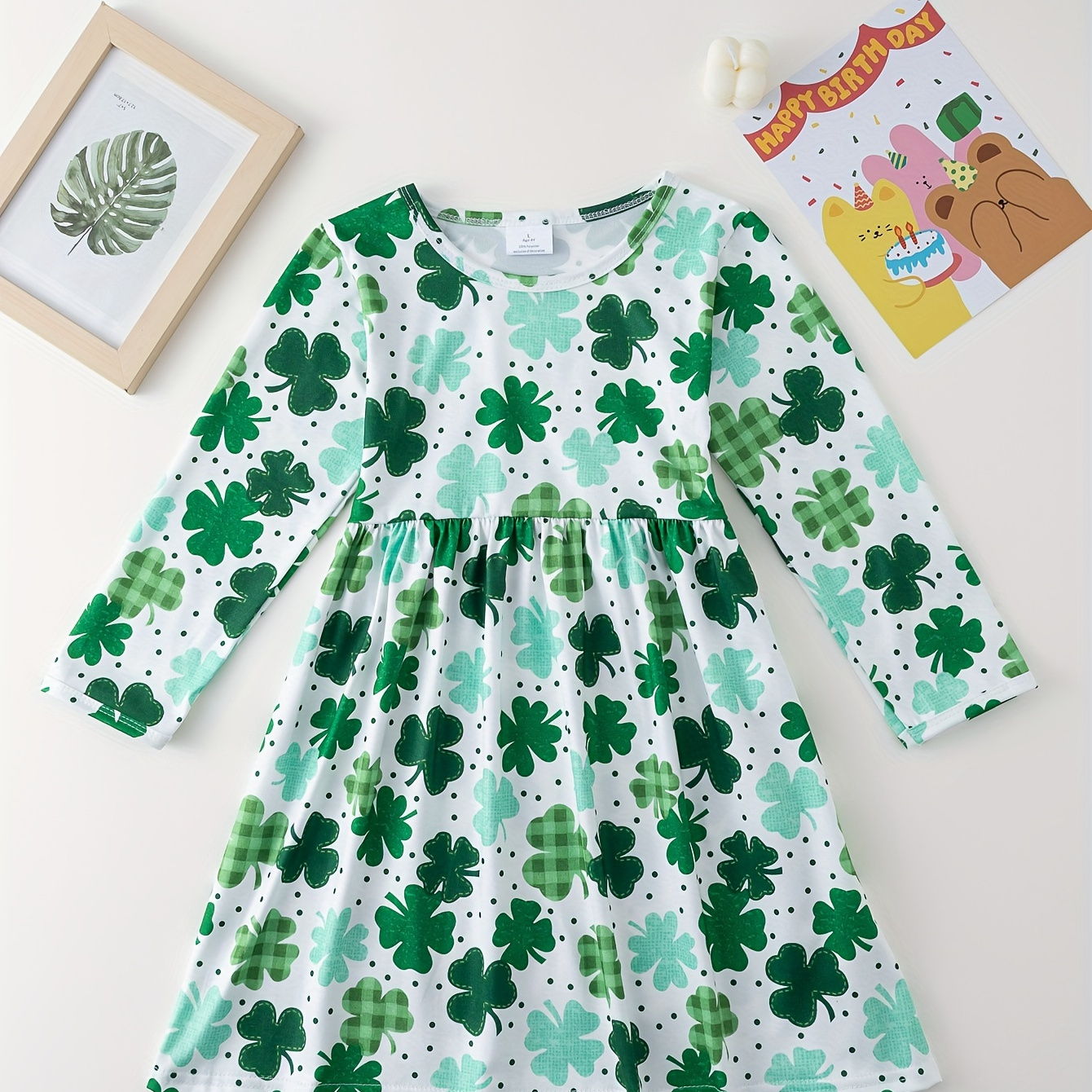 

Girls Clover Pattern Allover Print Long Sleeve Dress For Spring Fall St. Patrick's Day Gift