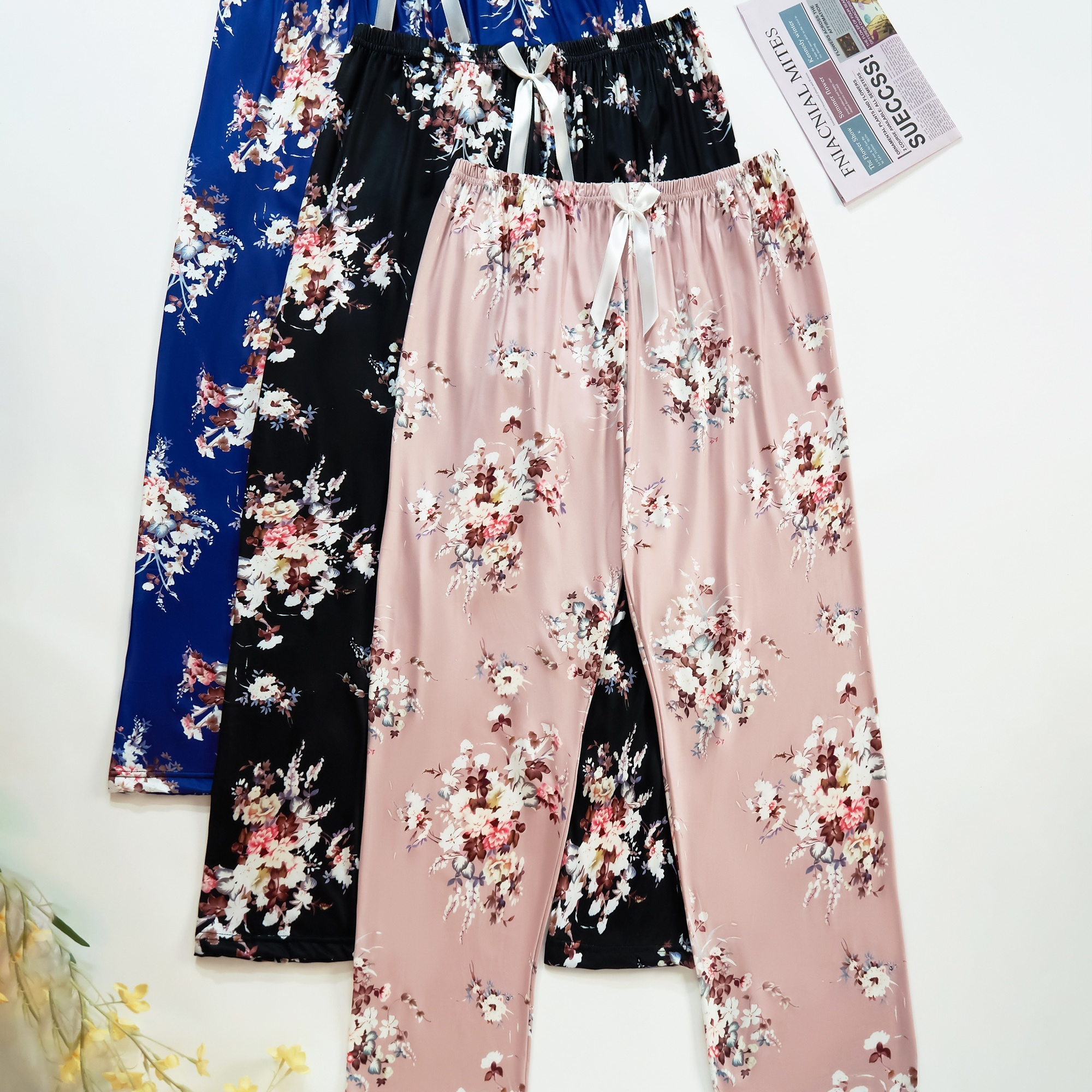 

3pcs Plus Size Casual Sleep Pants, Women's Floral Print Bow Decor Elastic Waist Home Trousers For Fall & Winter