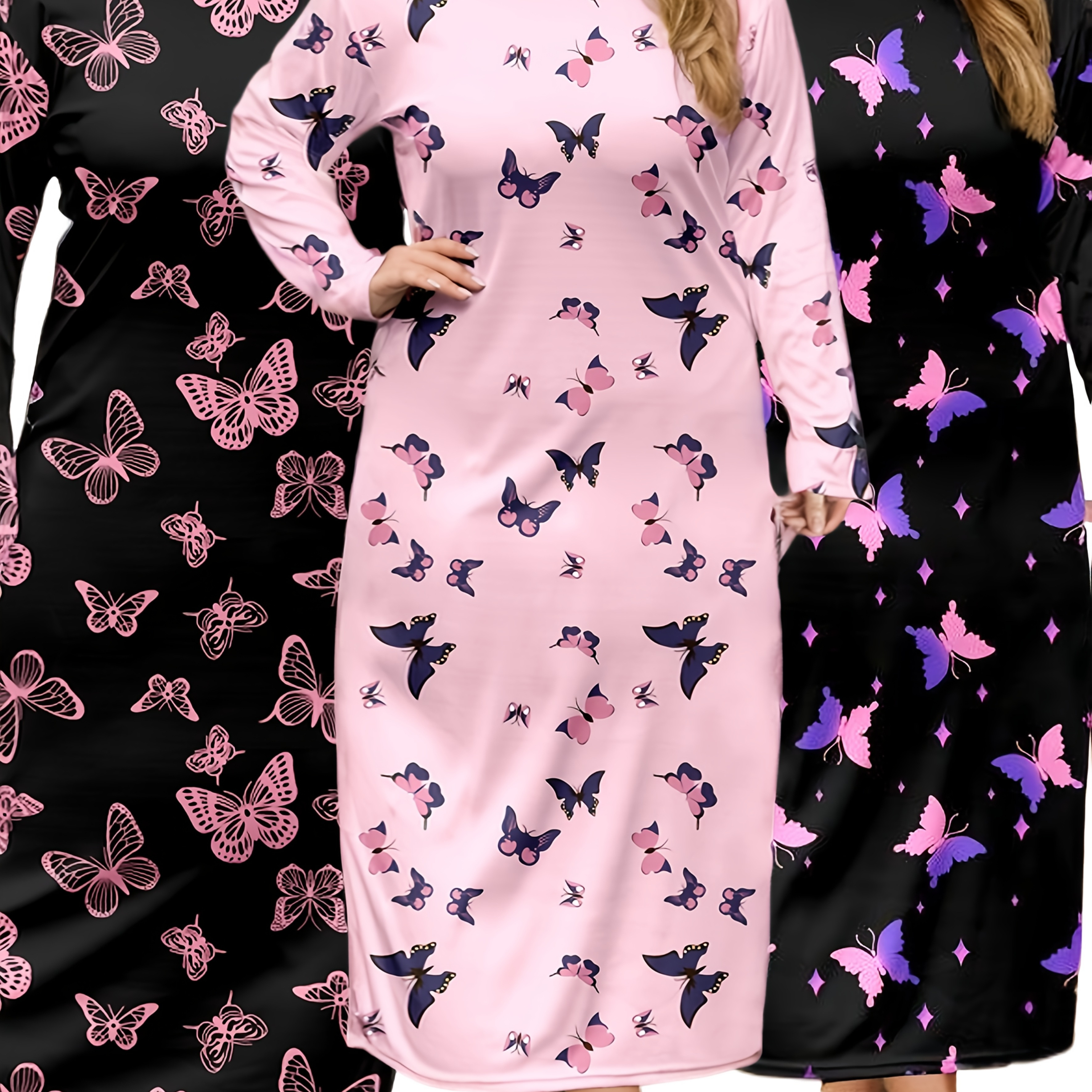 

3-pack Women's Long Sleeve Night Dresses, Print, Crew Neck, High Stretch Knit Polyester 95% Elastane 5%, Fall/winter Casual Sleepwear, Loose Size Long Dresses