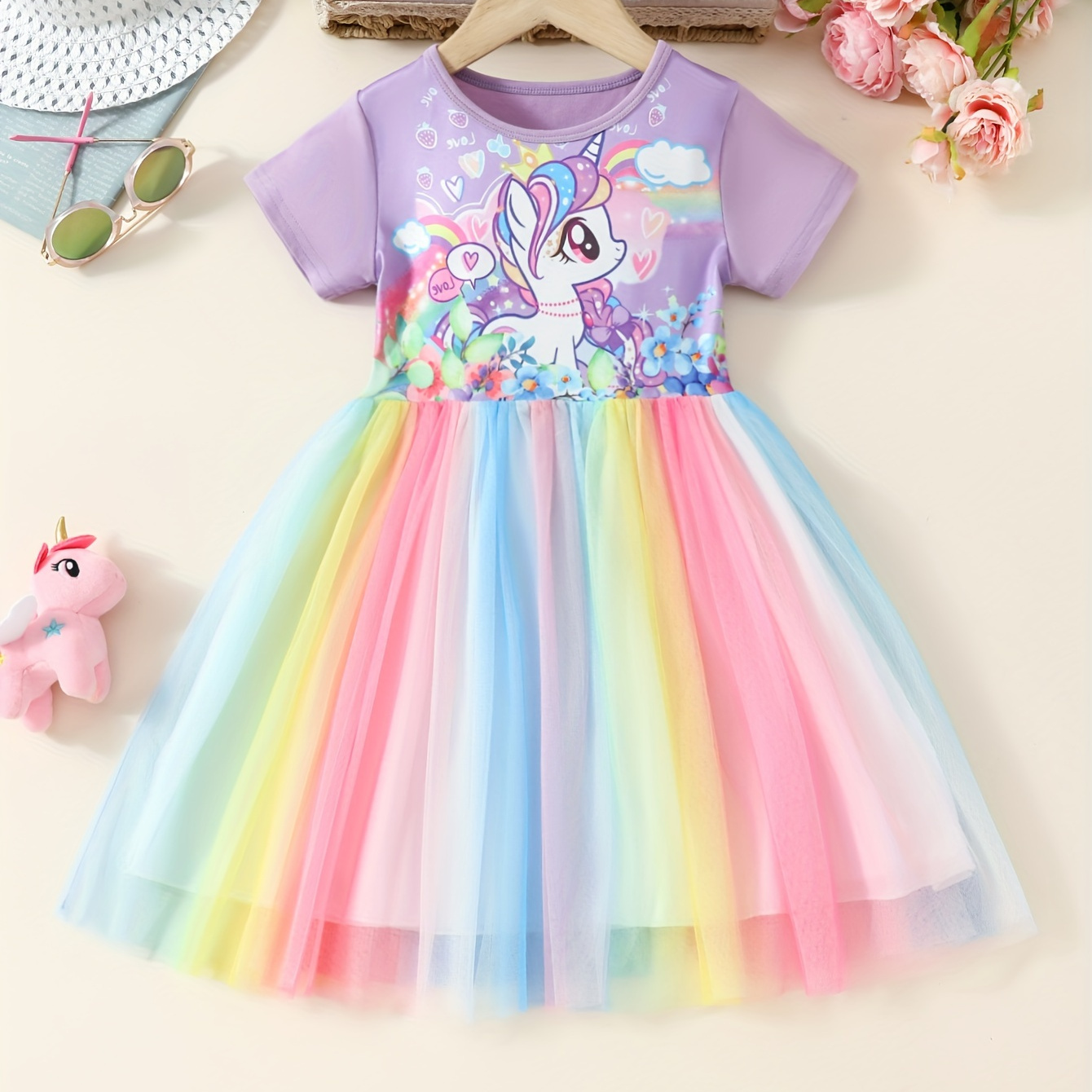 

Sweet Girls Splicing Rainbow Mesh Dress Cute Unicorn Graphic Tutu Dress Summer Party Gift