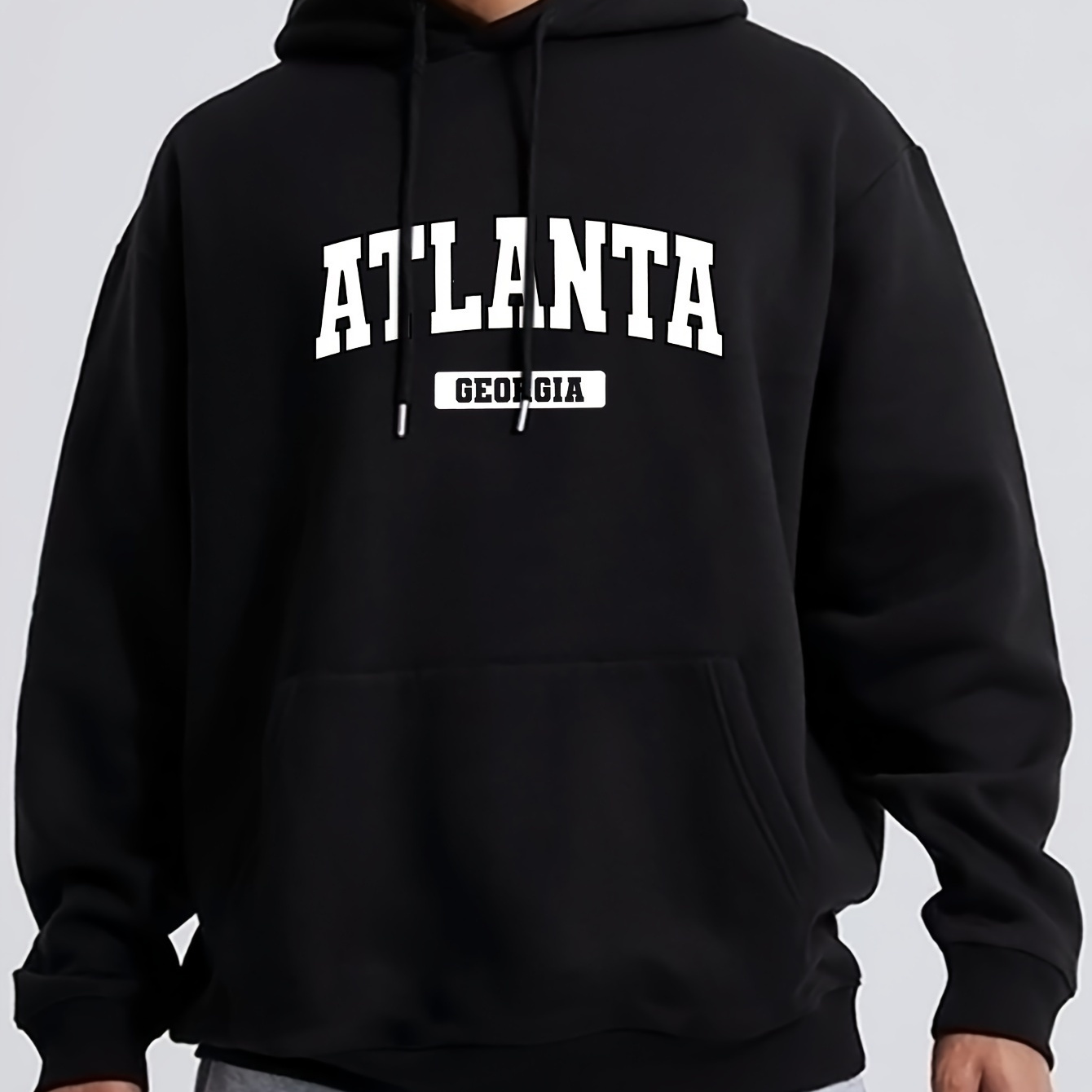 

Men's Hooded Sweatshirt, Fashion Atlanta Letter Print Fleece Lined Warm Men's Hoodie All-match And Comfortable Men's Clothing