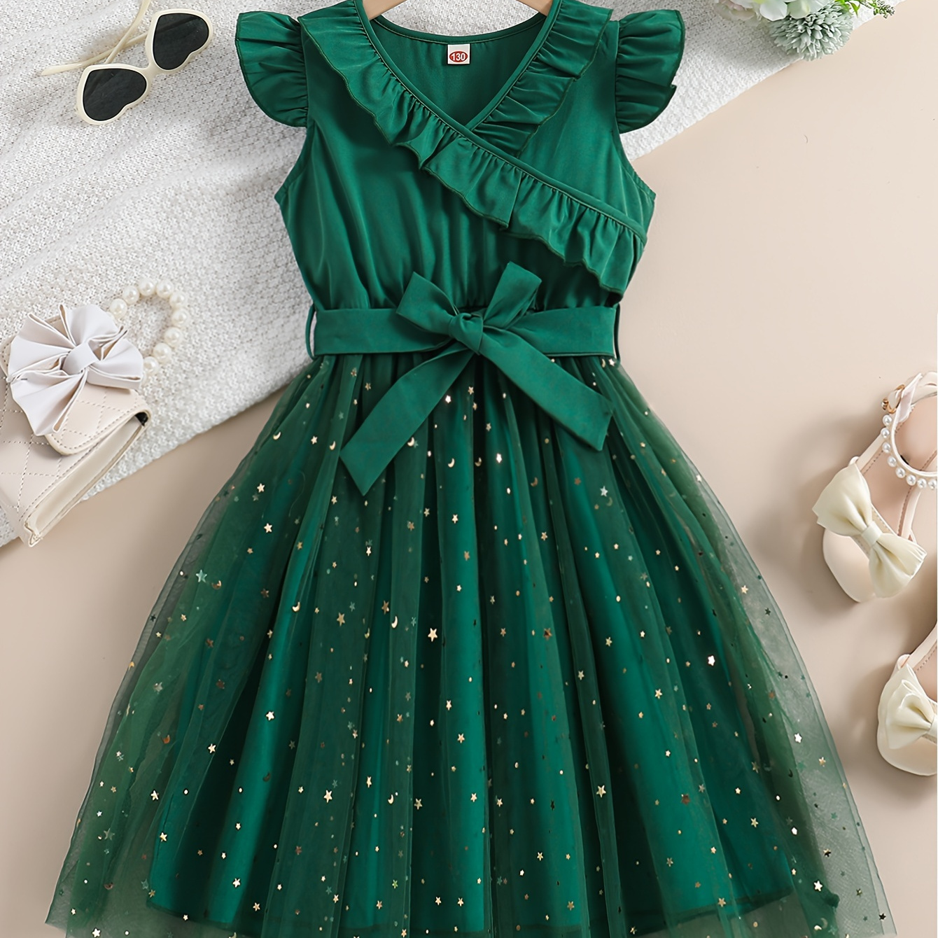 

Girls' Elegant V-neck Sleeveless Dress With Ruffle Design And Starry Tulle Overlay, Casual Summer Outfit With Belt For Youth - Green