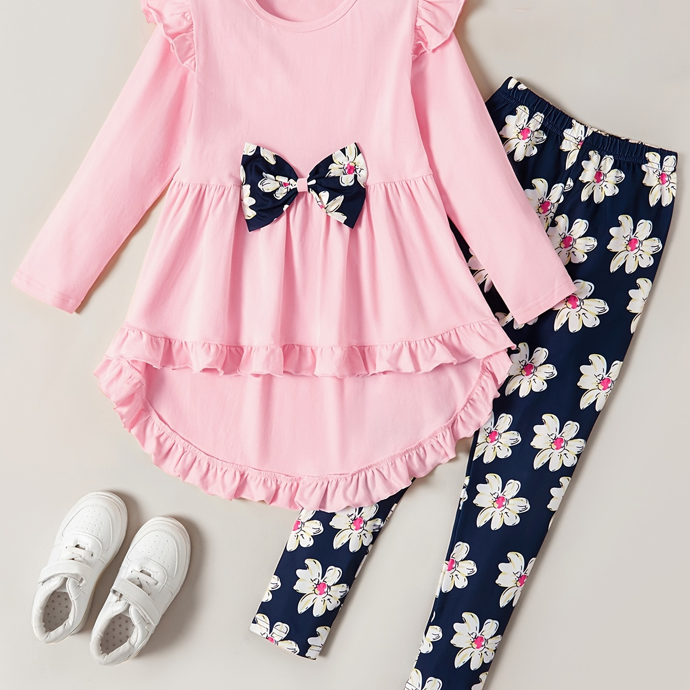 

2pcs Kid Girl Bowknot Design Peplum Top & Floral Print Leggings Set