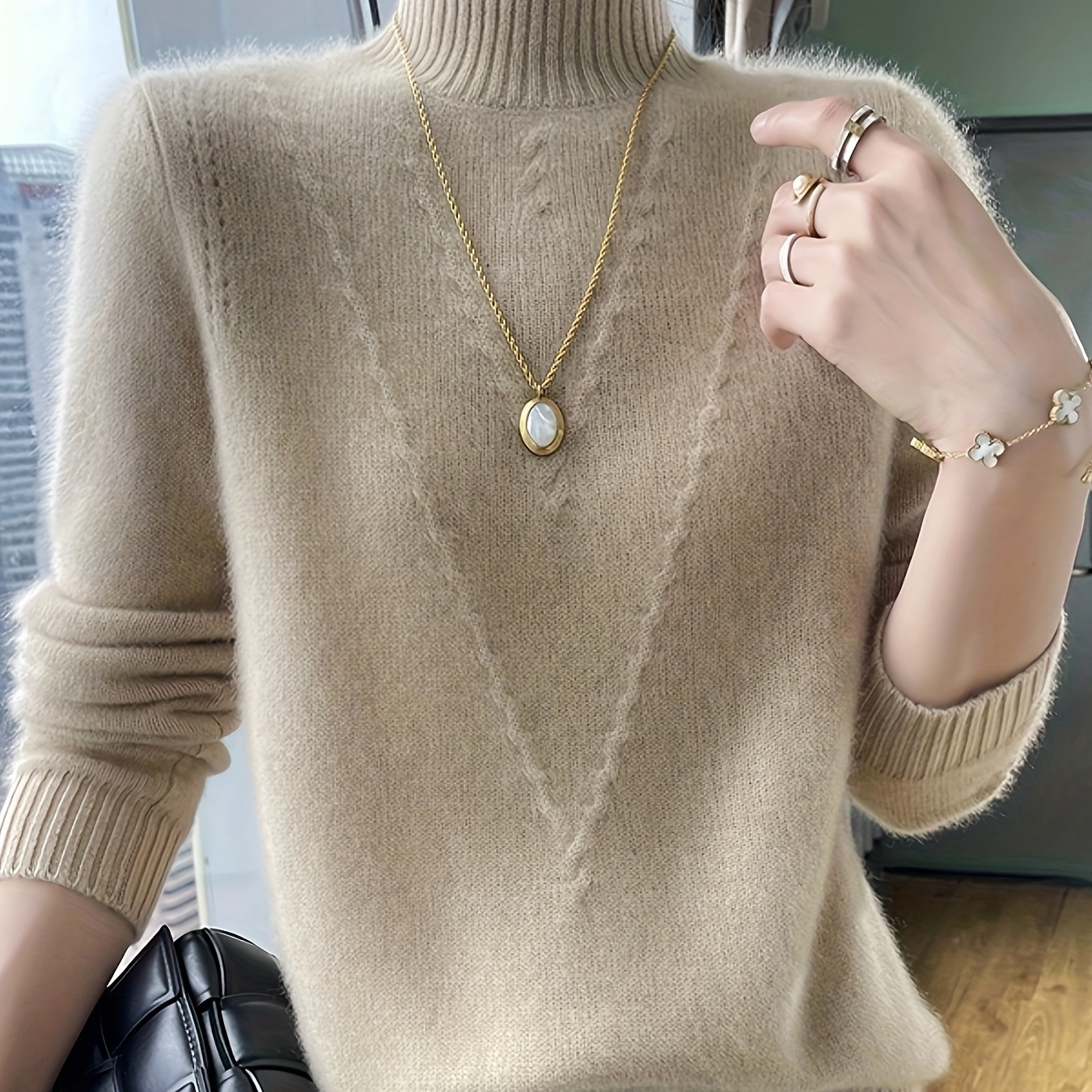 

Elegant Solid Color Turtleneck Sweater For Women - Cozy Knit, Long Sleeve, & Loose Fit Pullover For Fall/winter