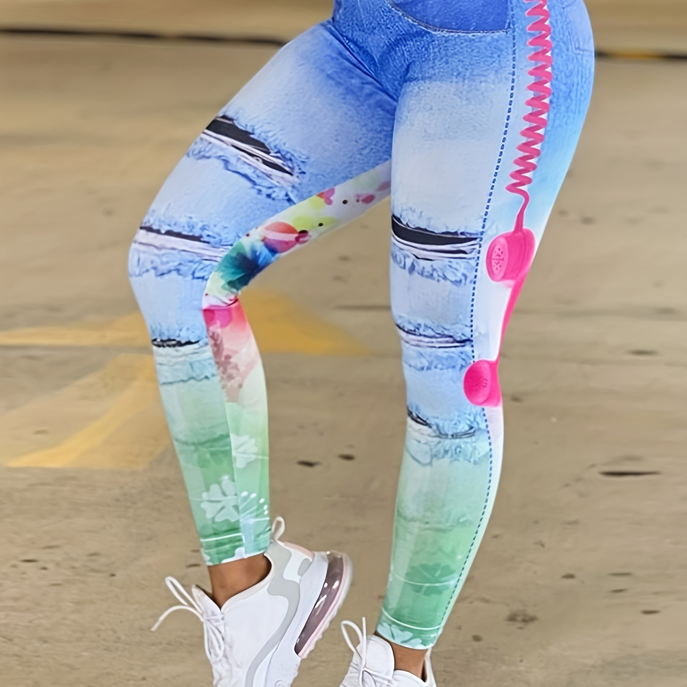 

Plus Size Casual Leggings, Women's Plus Denim & Random Print Stretchy Skinny Leggings