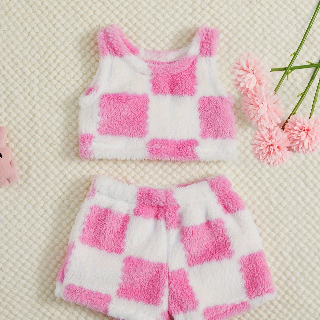 

2pcs Plaid Plush Outfits Girls, Tank Top + Shorts Set Spring Fall Winter Gift