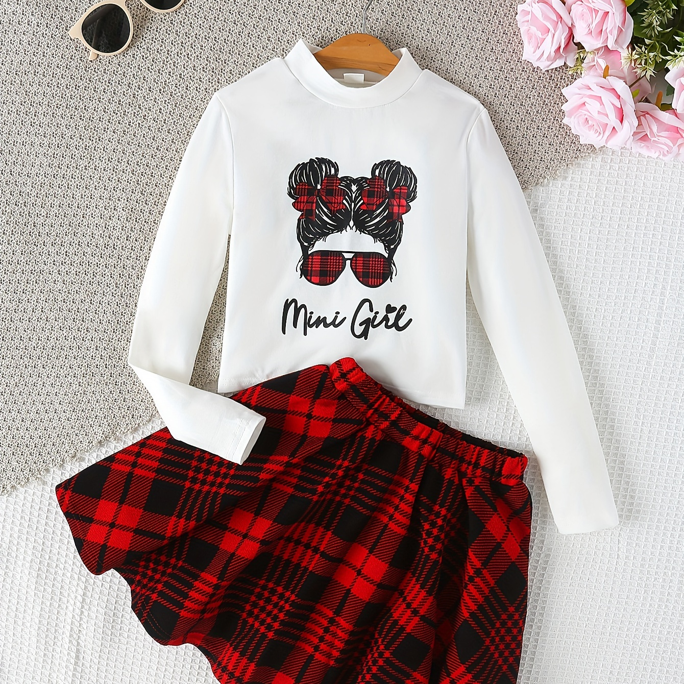 

Girls 2pc Mini Girl Print Crew Neck Pullover + Plaid Skirt Set Kids Clothes For Fall Party