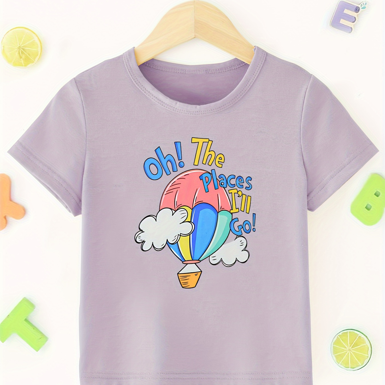 

Hot Air Balloon Graphic Print Creative T-shirts, Soft & Elastic Comfy Crew Neck Short Sleeve Tee, Girls' Summer Tops